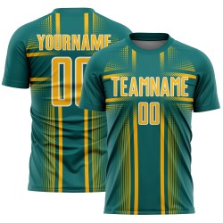 Maglia da calcio uniforme con linee color verde acqua, stampata a sublimazione oro-bianco personalizzata
