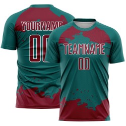 Maglia personalizzata uniforme con frammento di arte calcistica astratta color cremisi-bianco-verde acqua