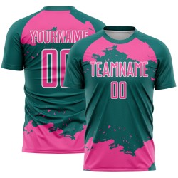 Maglia da calcio personalizzata con frammento astratto color verde acqua, uniforme rosa-bianca, stampata a sublimazione artistica